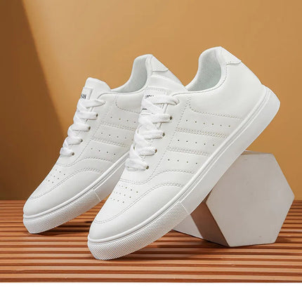 Men Classic Leather Skate Shoes Lace Up Flat Casual Sneakers Non Slip Daily Walking Footwear Black White 2 Colors