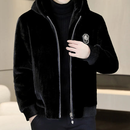 Autumn Winter Faux Fur Hooded Jacket Men Fashion Social Faux Mink Fur Casual Business Jacket Thick Warm Outdoor Windproof Coat