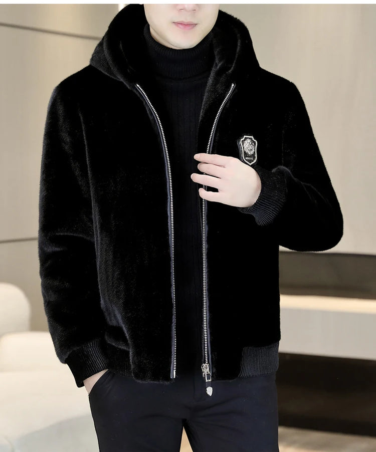 Autumn Winter Faux Fur Hooded Jacket Men Fashion Social Faux Mink Fur Casual Business Jacket Thick Warm Outdoor Windproof Coat