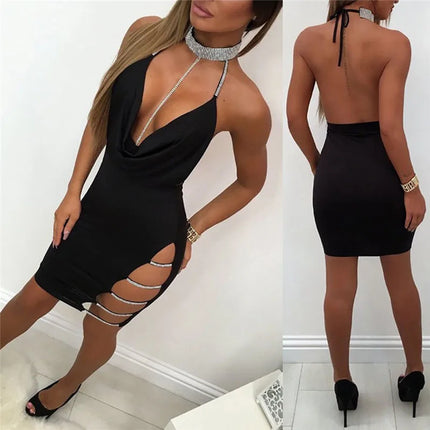 Sexy Deep V-Neck Low Cut Bodycon Dress with Side Slit and Silver Collar, Sleeveless Backless Elegant Mini Dress, Club Party Dresses