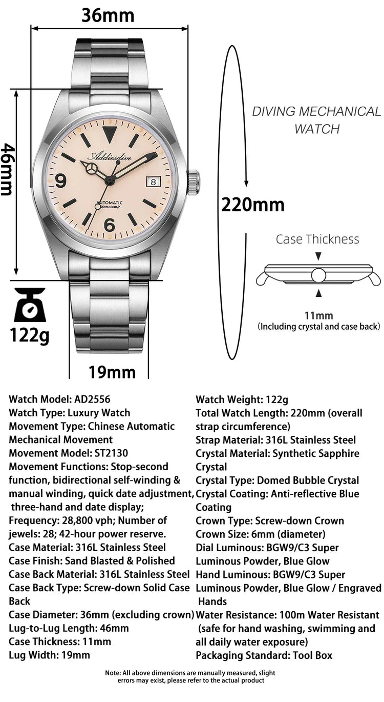 ADDIESDIVE AD2556 36mm Mechanical Automatic Watches Synthetic Sapphire Glass BGW9/C3 Super Luminous 100m Waterproof Men's Watch