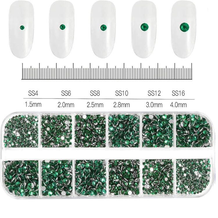 1.5mm-5mm Champagne Glass Crystal Nail Art Gems 12grids Flatback SS4-SS16 Mixed Nail Art Rhinestone Non-Hotfix Diamond Nail Deco