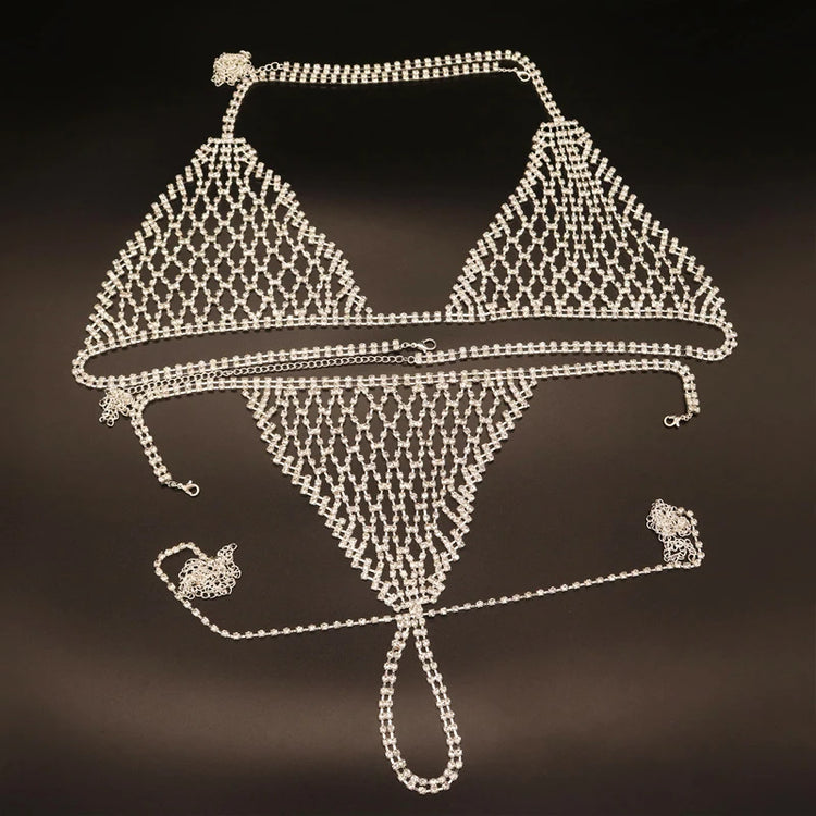 Women Rhinestone Bikini Set Sparkly Crystal Mesh Lingerie 2 Piece Halter Triangle Bra and Panty Club Party Outfit