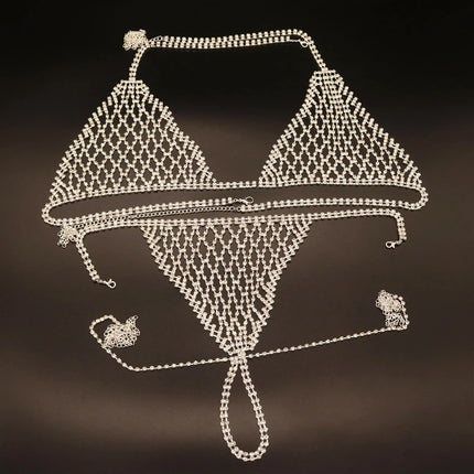 Women Rhinestone Bikini Set Sparkly Crystal Mesh Lingerie 2 Piece Halter Triangle Bra and Panty Club Party Outfit