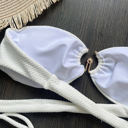 Nuovo Costume da Bagno Bikini Donna a Due Pezzi con Fascia Arricciata, Anello in Metallo e Perizoma platinumshop