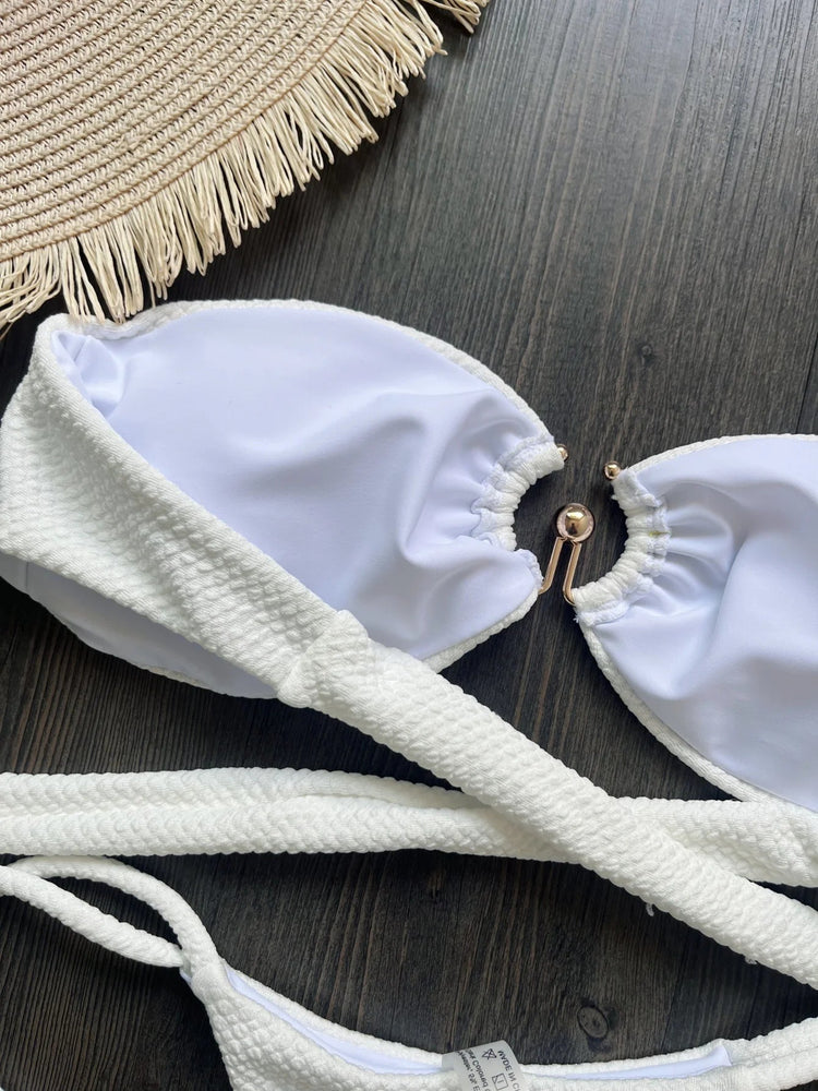 Nuovo Costume da Bagno Bikini Donna a Due Pezzi con Fascia Arricciata, Anello in Metallo e Perizoma platinumshop