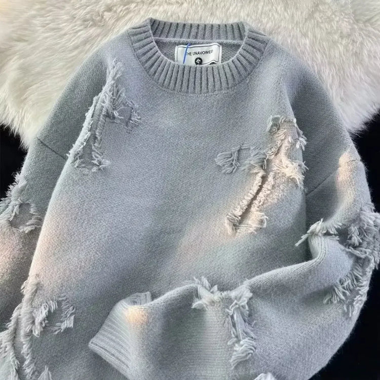 2026 Street Style Broken Holes Sweaters for Men Autumn Winter Thick Knitted O Neck Pullovers Vintage Casual Couple Sweater Coats