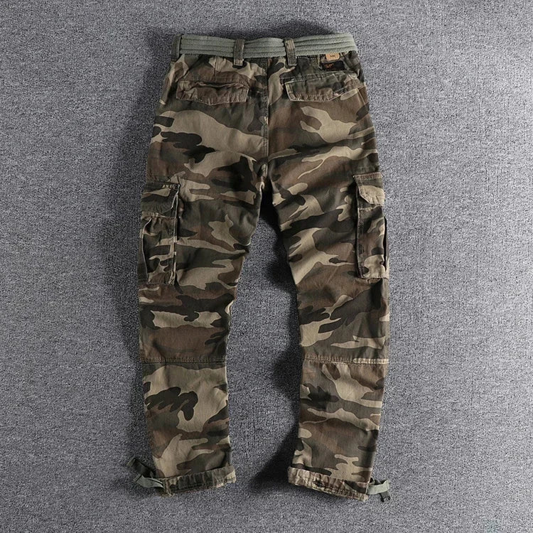 Heavyweight Camouflage Pants Men Clothing Multi-pockets Solid Color Patchworked Outdoor Trousers Retro Cargo Casual Wear Jogger
