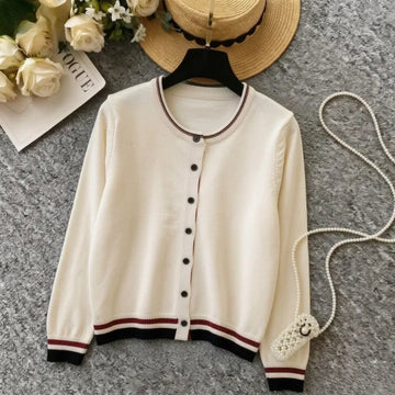 Ladies Vintage Striped Trim Knitted Cardigan Elastic Soft O Neck Button‑Front Long Sleeve Knitwear Outerwear Autumn Daily