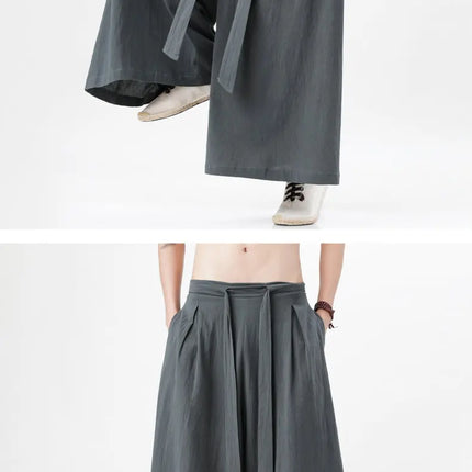 Pantaloni retrò in cotone e lino stile cinese Uomo Kimono estivo Pantaloni tradizionali in tinta unita Pantaloni casual a gamba larga streetwear maschile