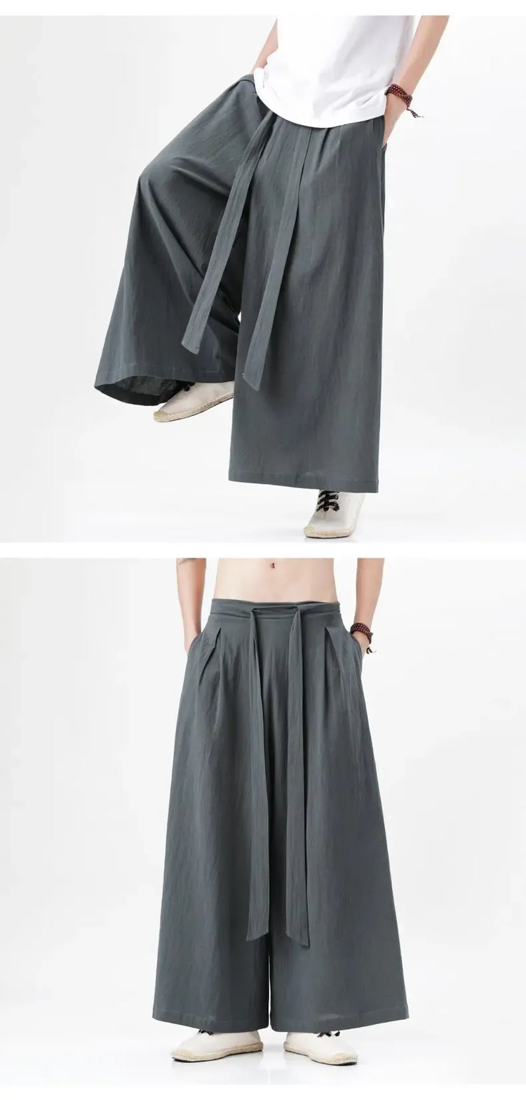 Pantaloni retrò in cotone e lino stile cinese Uomo Kimono estivo Pantaloni tradizionali in tinta unita Pantaloni casual a gamba larga streetwear maschile