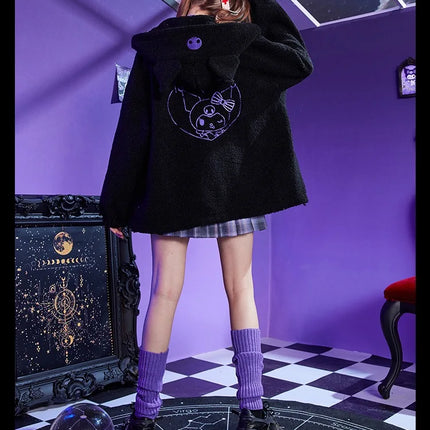 Sanrio Anime Kuromi Clothes Women Black Embroidery Hoodies Y2k Tops Autumn Winter Thin Coat Female Fashion Loose Sweatshirt