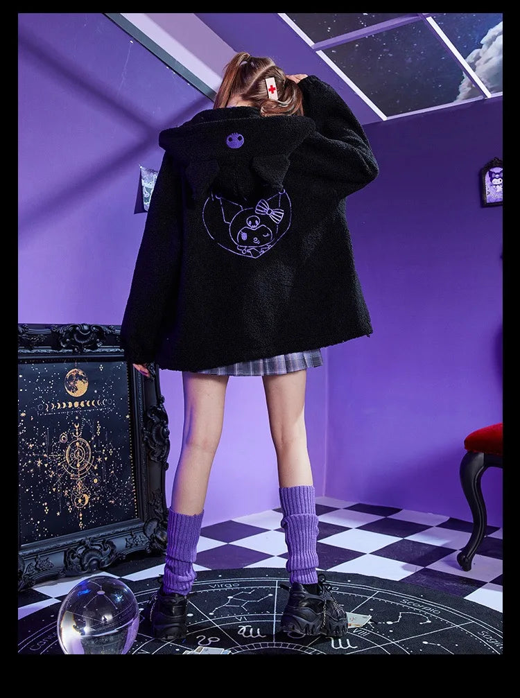 Sanrio Anime Kuromi Clothes Women Black Embroidery Hoodies Y2k Tops Autumn Winter Thin Coat Female Fashion Loose Sweatshirt