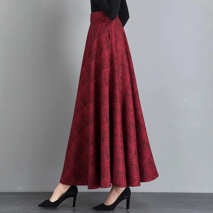 New Women Thick Woolen Skirt Autumn Winter Fashion Elastic High Waist A-Line Long Plaid Skirt Elegant Easy Match Wool Skirt PlatiNum