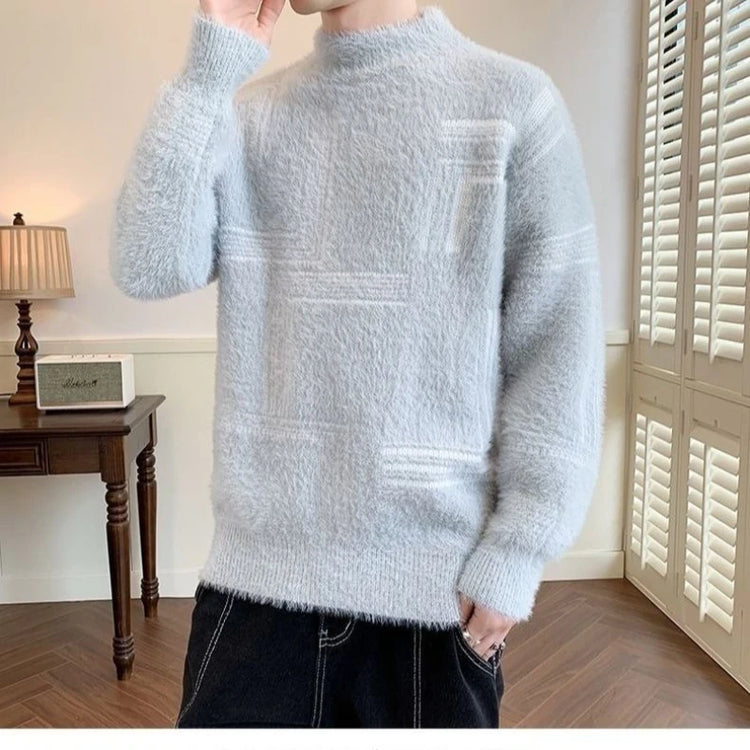 2025 Thickened Sweater Men's Autumn Winter Casual Half High Neck Pullover Knitwear Furry Korean Loose Simple Sweaters 3 Colors