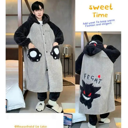 Kawaii Pokemon Pikachu Print Men's Fleece Pajama Set Hooded Robe + Pants Super Soft Winter Loungewear Cute Anime Sleepwear New
