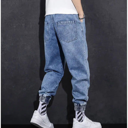 Loose Elastic Waist Denim Jeans for Men 2024 Fashion Casual Spring Workwear Foot-Tied Pants with Brand Workwear Baggy Trousers PlatiNum