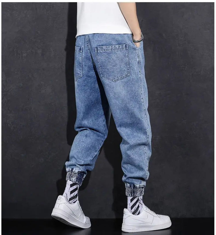 Loose Elastic Waist Denim Jeans for Men 2024 Fashion Casual Spring Workwear Foot-Tied Pants with Brand Workwear Baggy Trousers PlatiNum