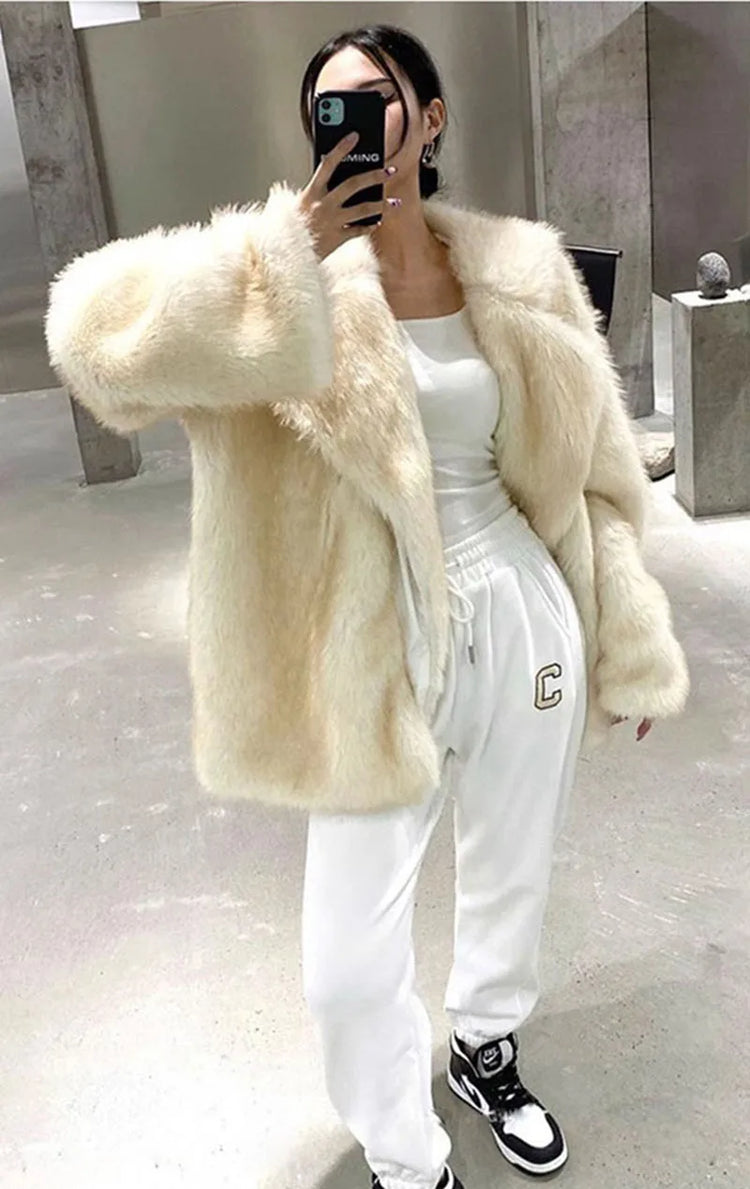 ZADORIN Winter Faux Mink Coat Lapel Mid Long Loose Faux Fur Coat Woman Clothes Luxury Fluffy Jacket Fur Cardigans Ladies Coats