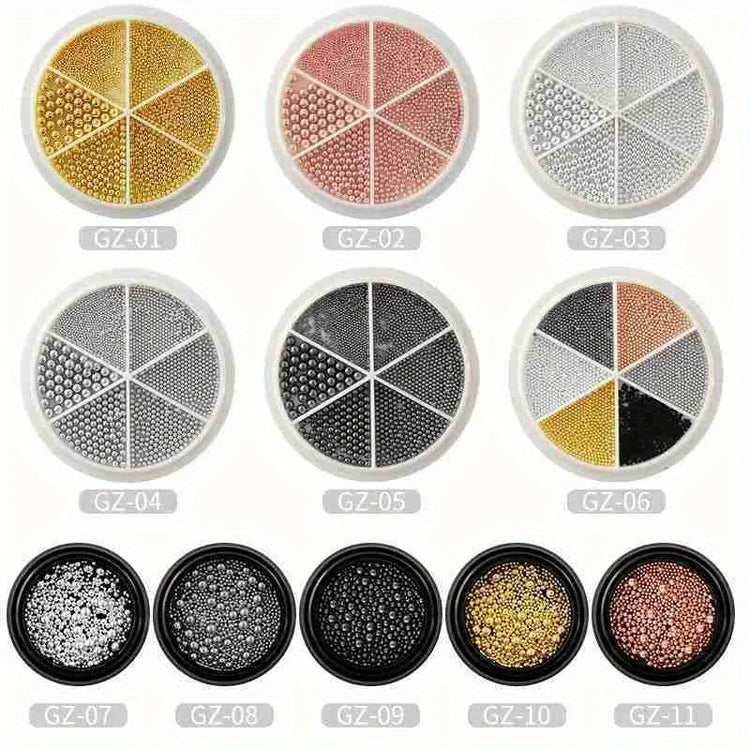 6 Grids Nail Art Tiny Steel Caviar Beads 0.8-1.5mm Mixed Size 3D Design Rose Gold Silver Jewelry Manicure DIY Decoration