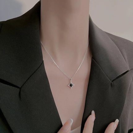 VOQ Silver Color Black Square Necklace Women's Fashion Temperament Birthday Student Friendship Gift Jewelry Necklace for Women PlatiNum