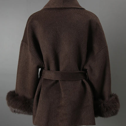 UCXQ Elegant Woolen Coat Temperament Office Lady Overcoats Fur Patchwork Long Sleeve Beautiful Women's Coats 2025 Winter New