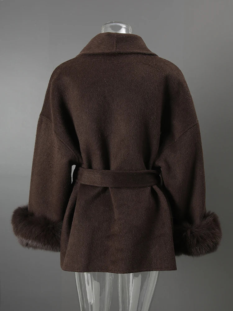 UCXQ Elegant Woolen Coat Temperament Office Lady Overcoats Fur Patchwork Long Sleeve Beautiful Women's Coats 2025 Winter New