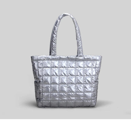 Large Capacity Women's Tote Bag Street Style Commuter Bag down Handbag Fashion Pure Color Handbag PU Material Daily Match PlatiNum