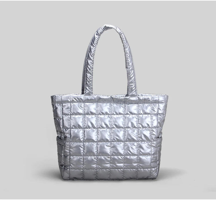 Large Capacity Women's Tote Bag Street Style Commuter Bag down Handbag Fashion Pure Color Handbag PU Material Daily Match PlatiNum