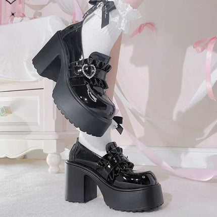 Sweet Heart-Shaped Buckle Lolita High Heels Pump Shoes for Women Y2k PU Leather Waterproof Platform Mary Janes Shoes PlatiNum