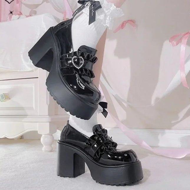 Sweet Heart-Shaped Buckle Lolita High Heels Pump Shoes for Women Y2k PU Leather Waterproof Platform Mary Janes Shoes PlatiNum