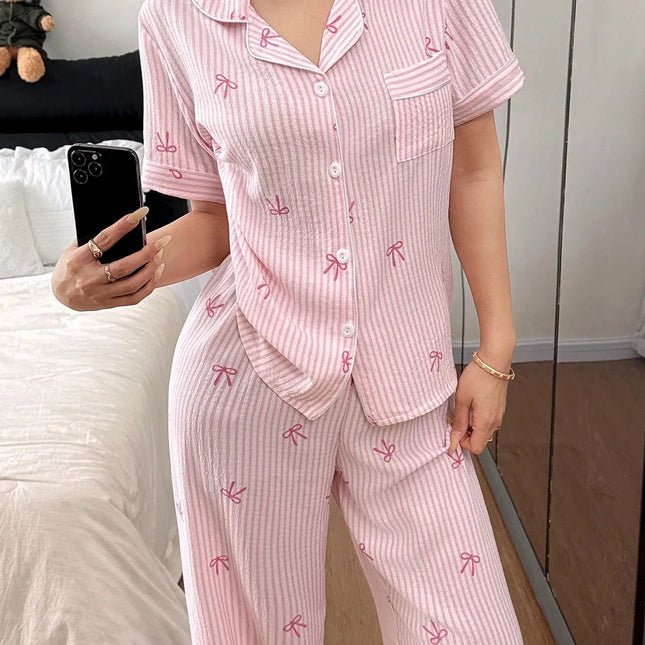 Set Pigiama da Donna con Stampa a Righe e Fiocco, Completo Estivo con Maglietta a Maniche Corte e Pantaloni, Comodo Abbigliamento da Notte e Loungewear