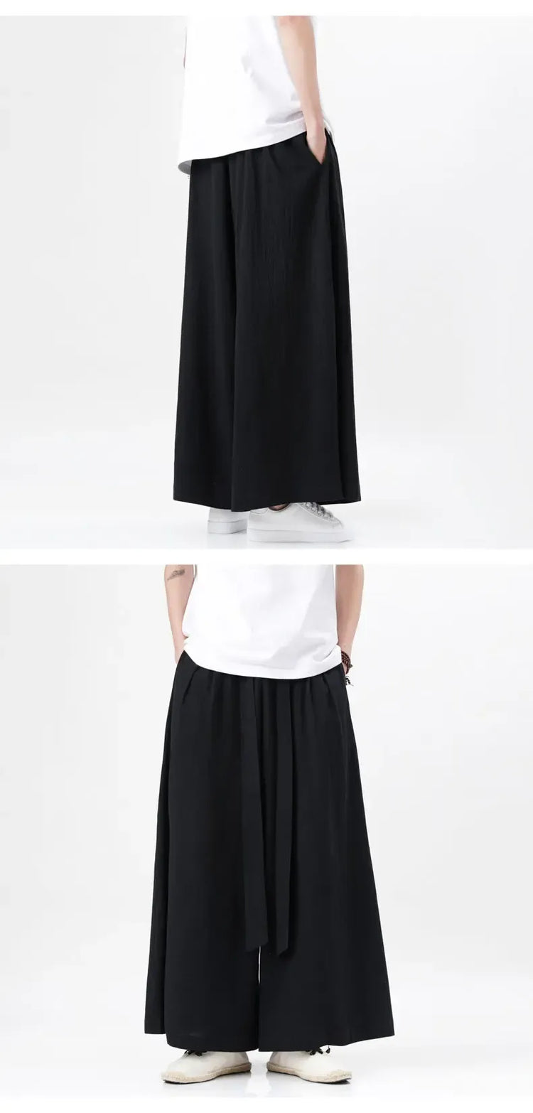 Pantaloni retrò in cotone e lino stile cinese Uomo Kimono estivo Pantaloni tradizionali in tinta unita Pantaloni casual a gamba larga streetwear maschile