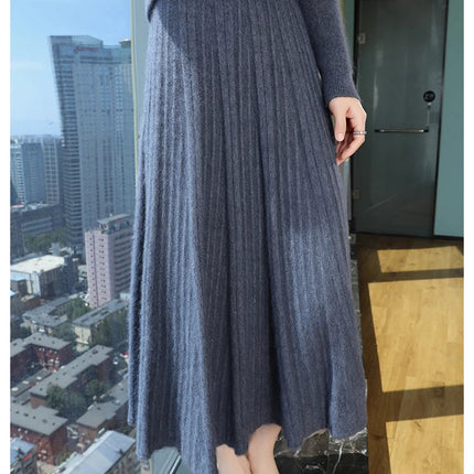100% Pure Mink Pleated Skirts Women's Elastic High Waist Knitted Dress Fashion Joker Loose Big Swing Skirt Thick Umbrella Skirt PlatiNum