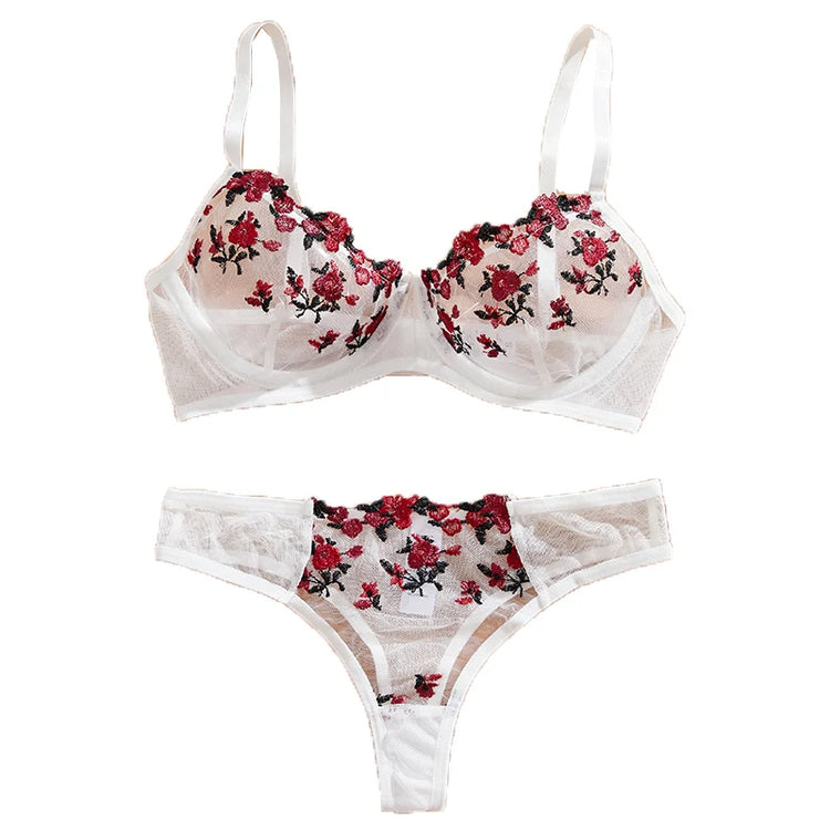 Embroidery Women's Transparent Mesh Underwear Two-piece Bra And Panties Sets