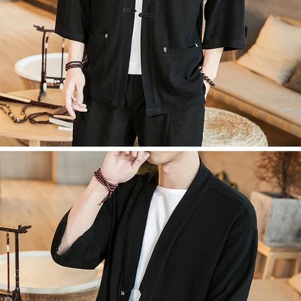 Kimono Camicia da uomo Samurai giapponese Cardigan tinta unita retrò Stile cinese Cotone Lino Yukata Haori Cappotto da uomo allentato Streetwear