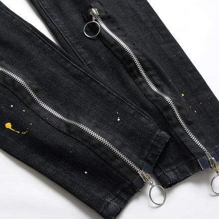 New Fashion Men Black Ripped Denim Jeans talian High Street Style Denim Pants High Quality Male Slim Fit Denim Trousers Size 38 PlatiNum