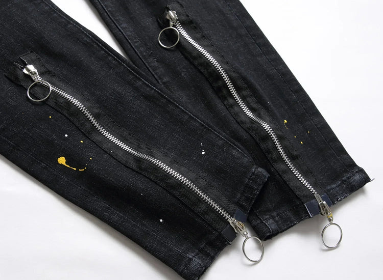 New Fashion Men Black Ripped Denim Jeans talian High Street Style Denim Pants High Quality Male Slim Fit Denim Trousers Size 38 PlatiNum