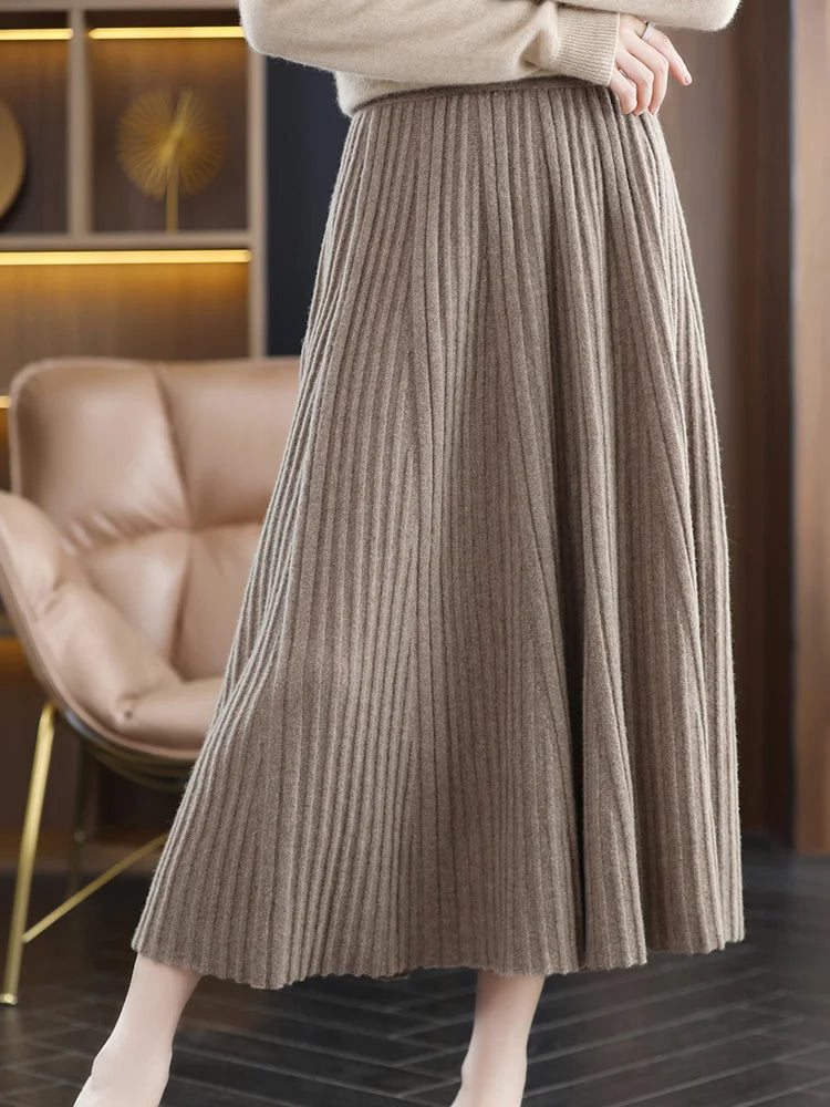 100% Merino Wool Women’s Knitted Skirt Spring Autumn Winter  Long Pleated Grace Skirts High Waist A-Line Cashmere Comfortable PlatiNum