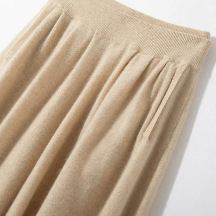 Classic Autumn Winter Wave Skirt 100% Cashmere Skirt Women A-Line Skirt Female Double Elastic Waist Pocket Warm Knit Long Dress PlatiNum
