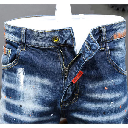 Fashion Designer Men Jeans Retro Blue Stretch Slim Fit Painted Ripped Jeans Men Korean Style Vintage Casual Denim Pants Hombre PlatiNum