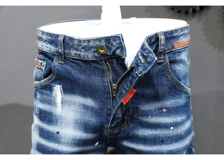 Fashion Designer Men Jeans Retro Blue Stretch Slim Fit Painted Ripped Jeans Men Korean Style Vintage Casual Denim Pants Hombre PlatiNum