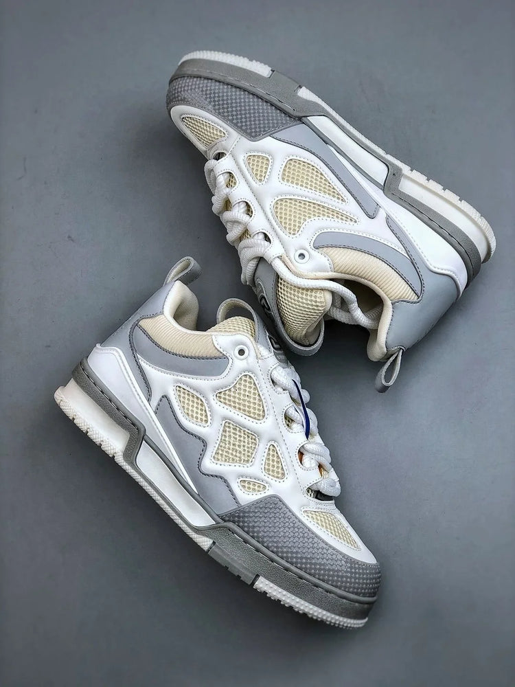 Unisex White‑Grey Mesh Leather Patchwork Low‑Top Sneakers, Geometric Cutout Thick Sole Lace‑Up Street Casual Skate Shoes