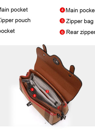 Borsa Mini Boston a Righe e Quadri in Tessuto con Finiture in Ecopelle, Chiusura a Giro e Torsione, Design con Patta, Borsa a Mano da Donna, a Tracolla, Portamonete