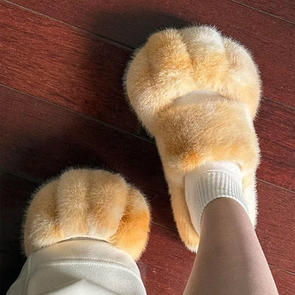 Women Kawaii Furry Cat Paw Slippers, Imitation Fur Fluffy Plush Warm Home Shoes, Comfort Flat Heel Cute Cat Slippers for Bedroom Indoor Daily Wear