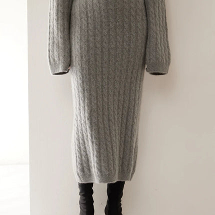 Autumn Winter 100% Cashmere Skirt Women Soild Mid-calf  High Waist Twist Flower Fit Slimming Knitted Dress  Light Luxury Elegant PlatiNum
