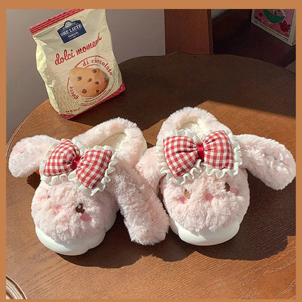 2026 New Women's Cotton Bow Bunny Slippers Winter Indoor Home Warm Household Wool Cotton Shoes Women Wear Indoor Winte