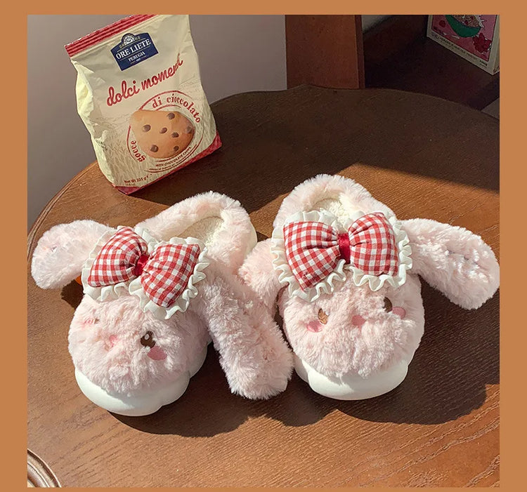 2026 New Women's Cotton Bow Bunny Slippers Winter Indoor Home Warm Household Wool Cotton Shoes Women Wear Indoor Winte