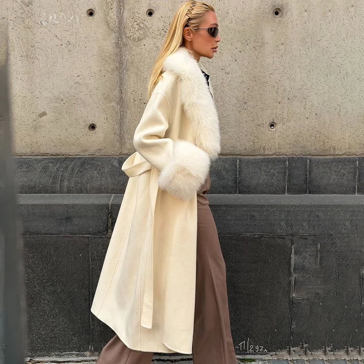 TARUXY Women Luxurious Faux Fox Fur Collar Long Jacket Elegant Solid Long-Sleeved Loose Lace Up Street Warm Coat 2026 Winter New