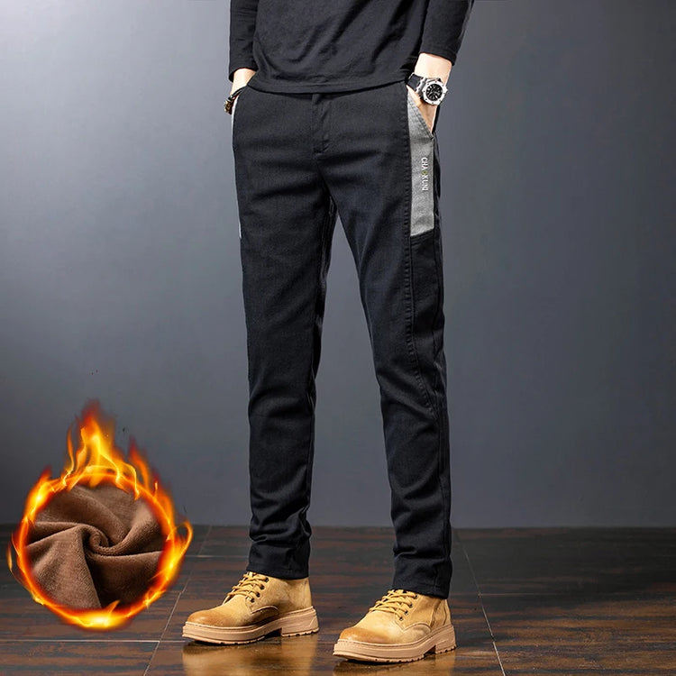 Winter New Men's Warm Slim Casual Pants Fleece Elasticity Embroidery Mid-waist Trousers Thicken Velvet Brand Straight Man Pants